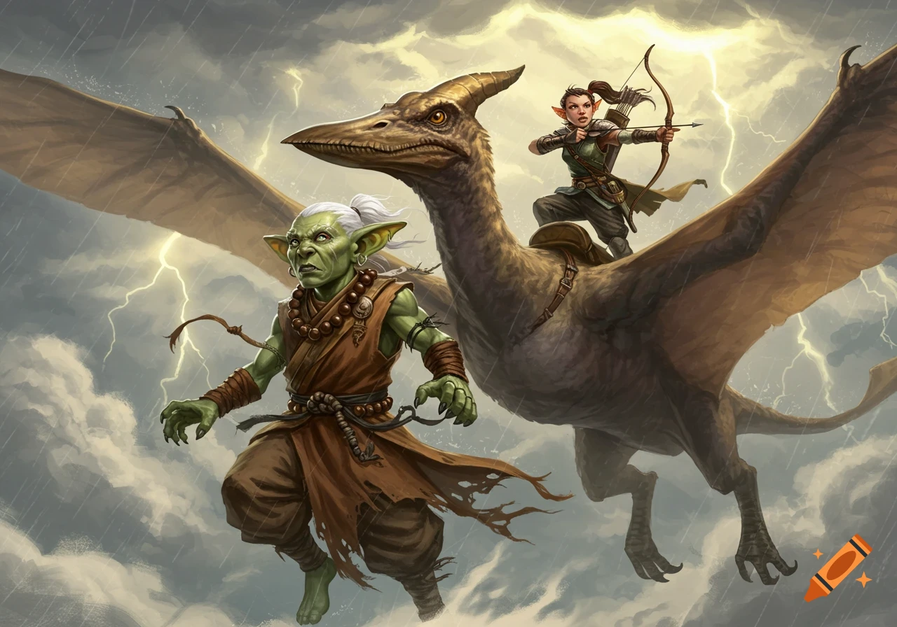 An albino goblin monk and a halfling archer ride a pteranodon through a stormy, lightning-filled sky.
