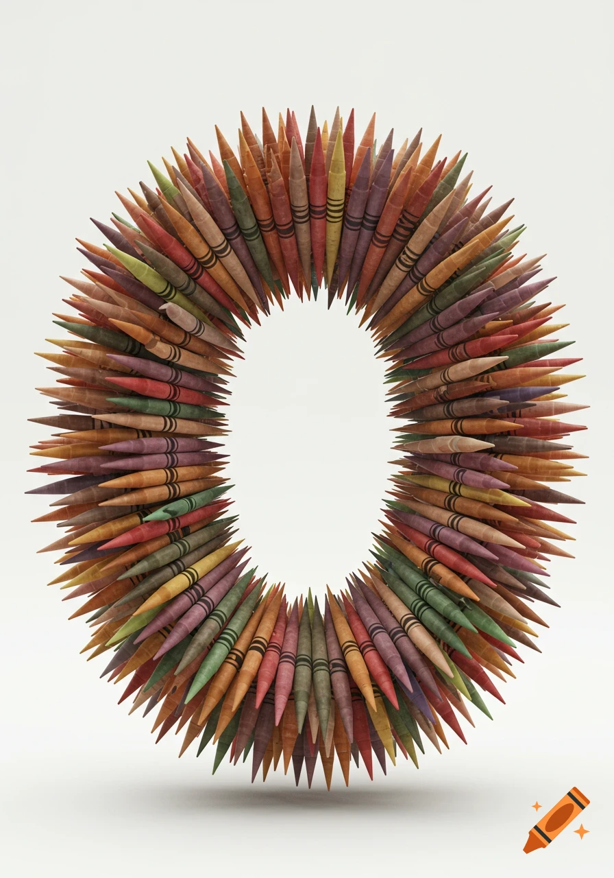 A vibrant letter 'O' formed by numerous outward-pointing crayons in various muted skin tones, animal, and fish colors.