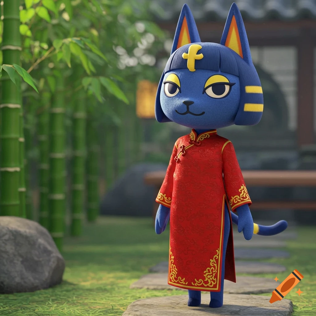 Ankha, a blue anthropomorphic cat, stands on a stone path in a garden, wearing a red cheongsam with gold patterns. Bamboo trees are in the background.