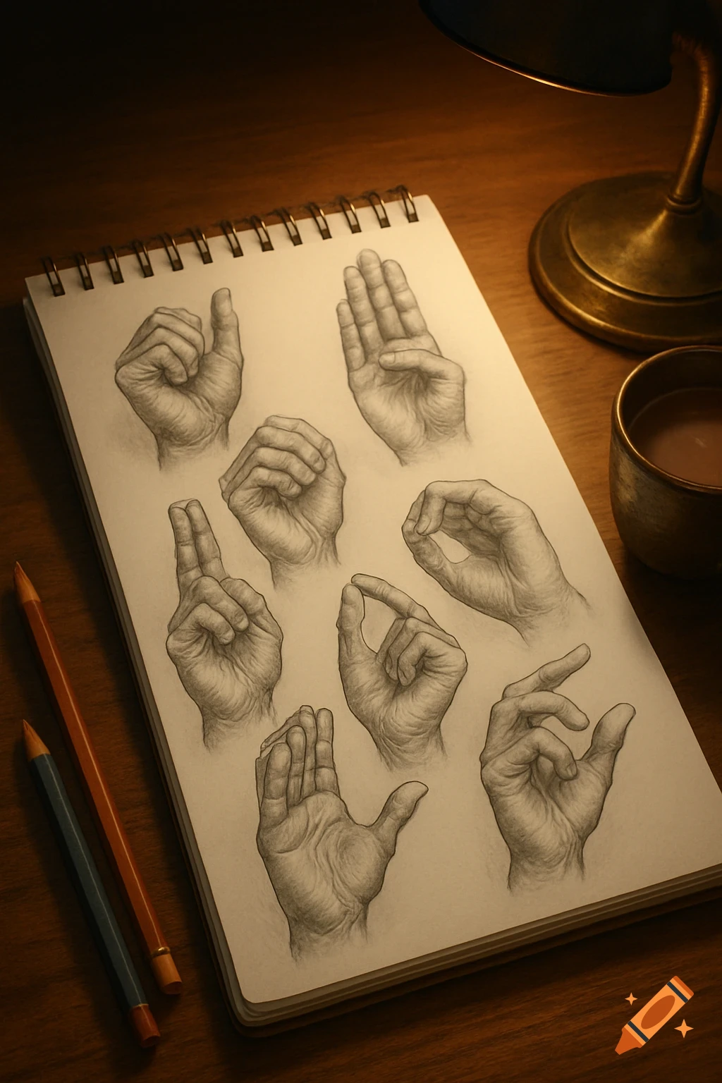 Pencil drawings of ASL handshapes fill a notepad on a warm-lit wooden desk with pencils.