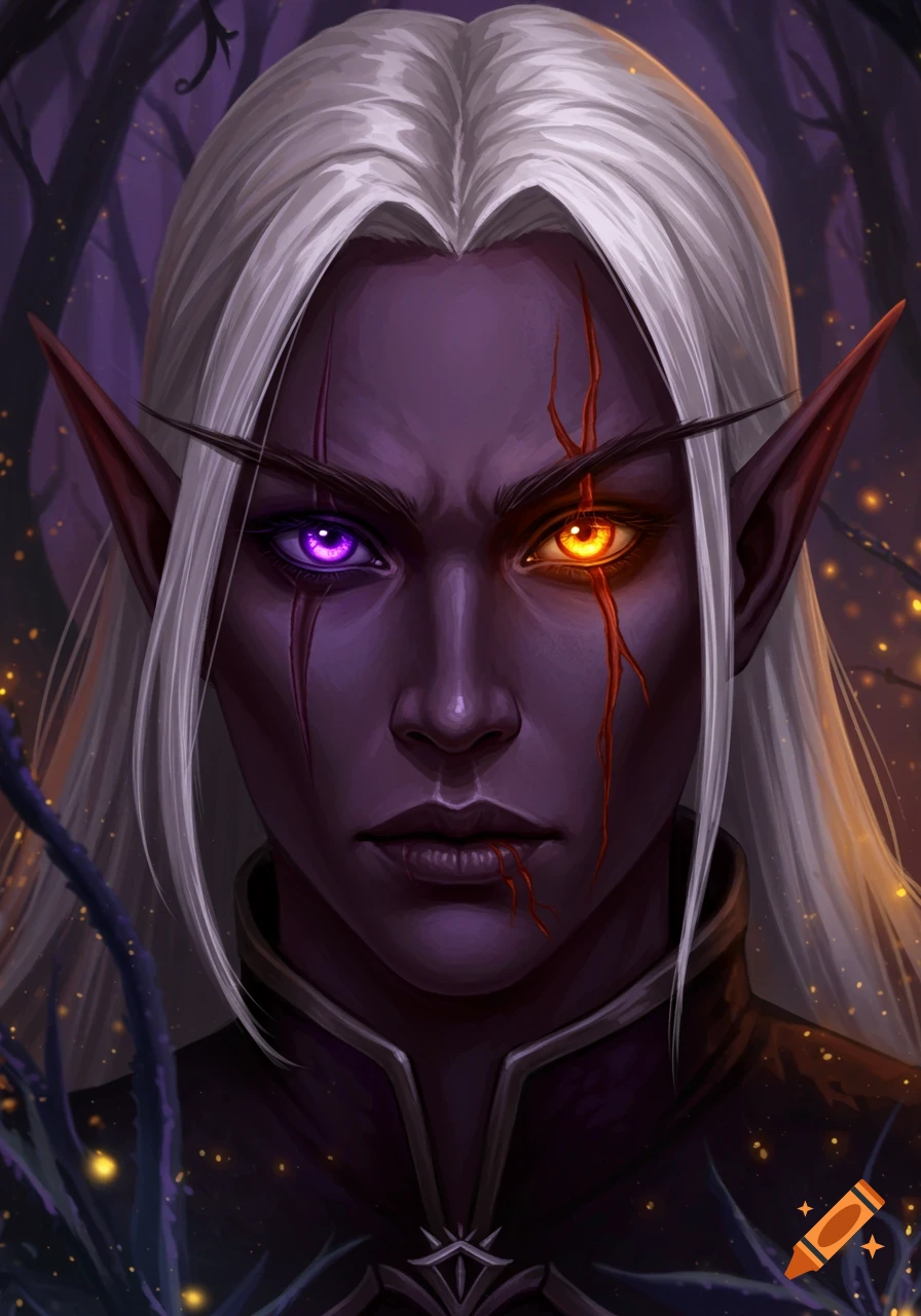 A close-up digital painting of a dark-skinned drow elf with long white hair, one purple eye, one orange eye, and prominent facial scars.