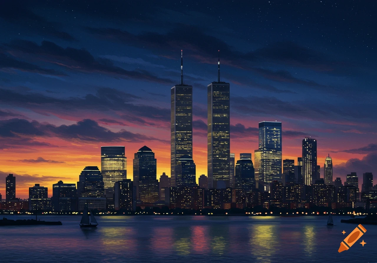 Lower Manhattan skyline featuring the illuminated Twin Towers at sunset, with warm hues reflecting on the water and a sailboat.