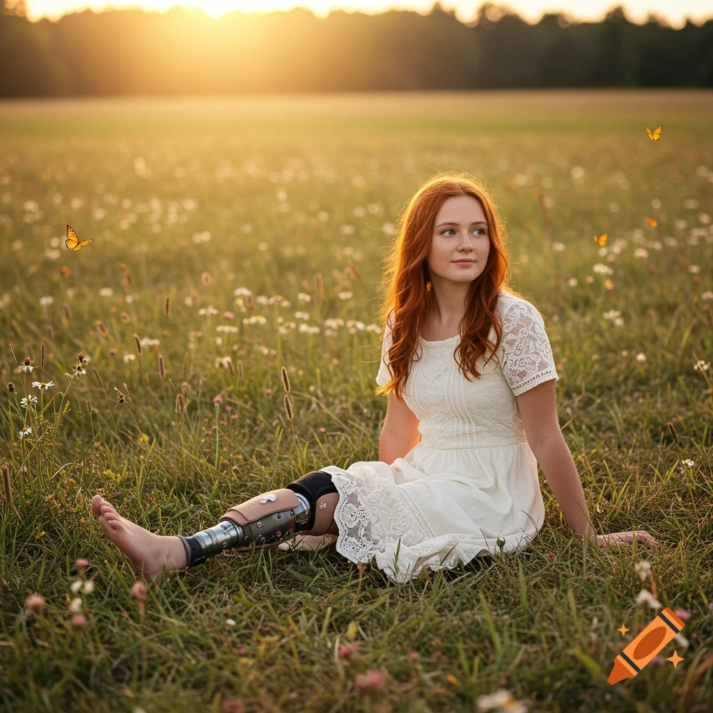 Photorealistic image of a young woman with a prosthetic leg sitting in a grassy field at sunset.