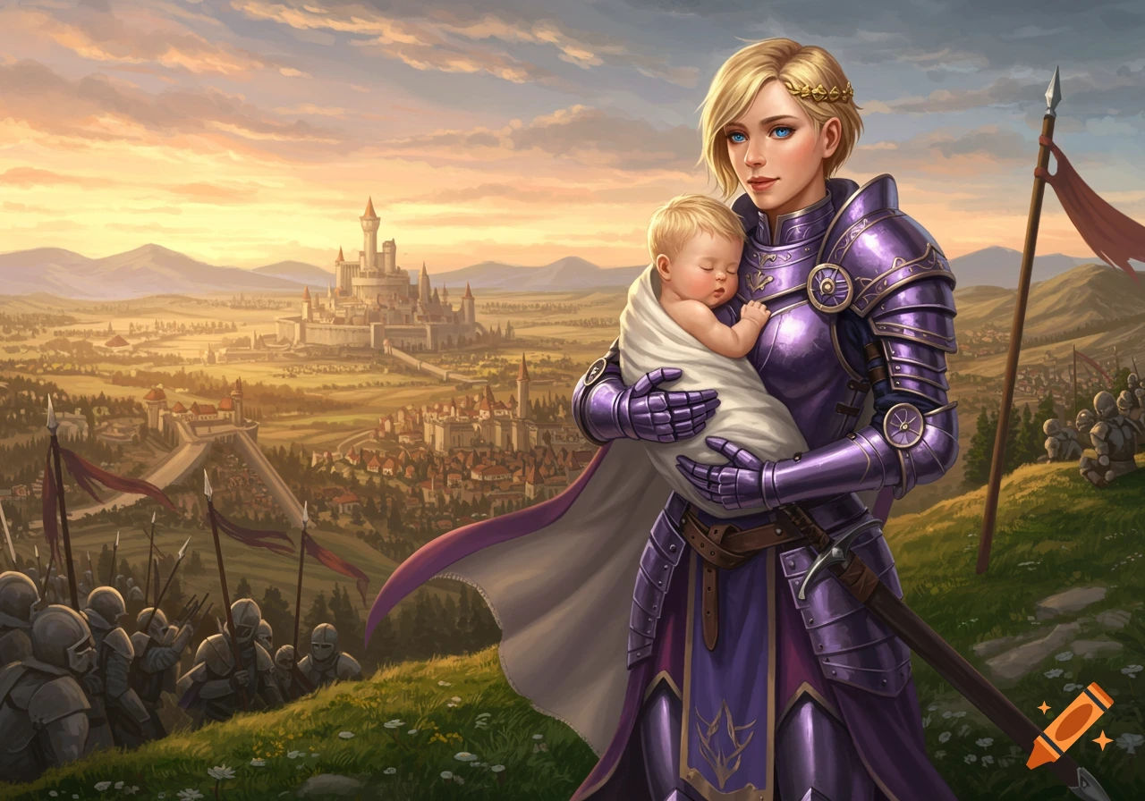 A blonde female warrior in purple armor holds a sleeping baby on a hill overlooking a fantasy castle city at sunset, with soldiers.