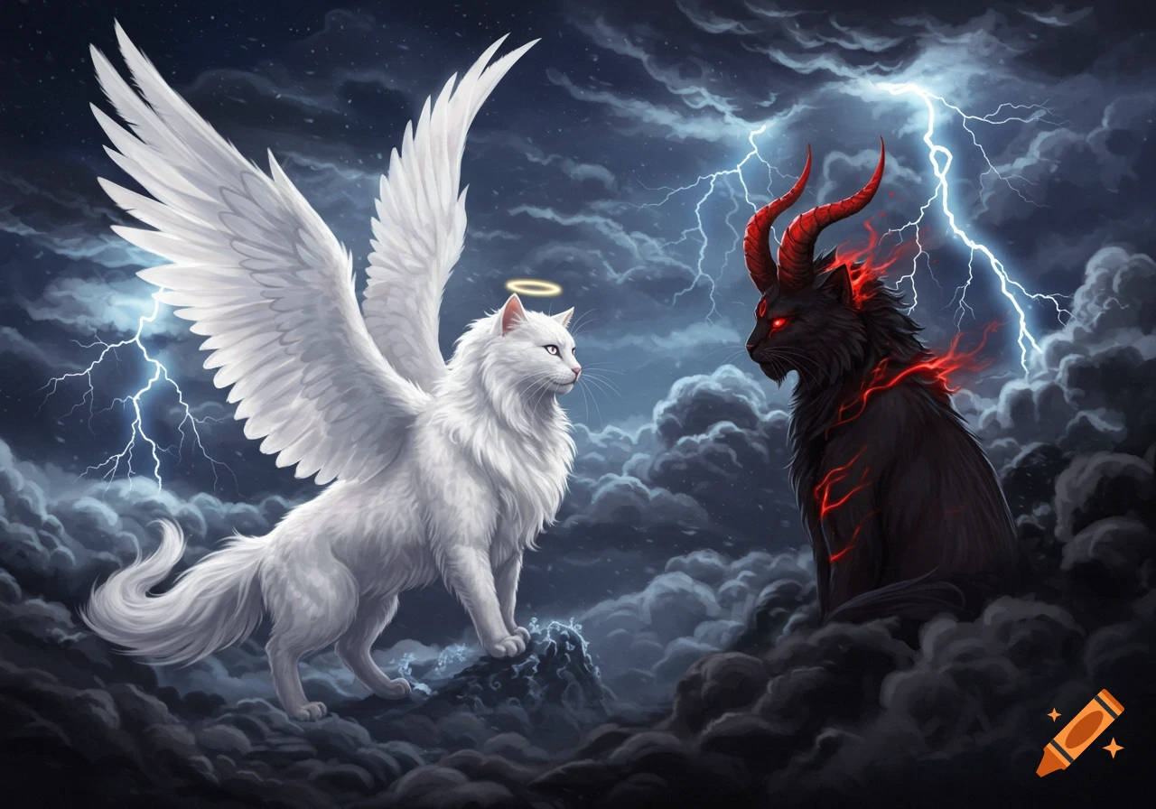 A fluffy white angel cat with wings and a halo faces a black devil cat with red horns and glowing eyes amidst a stormy, lightning-filled sky.