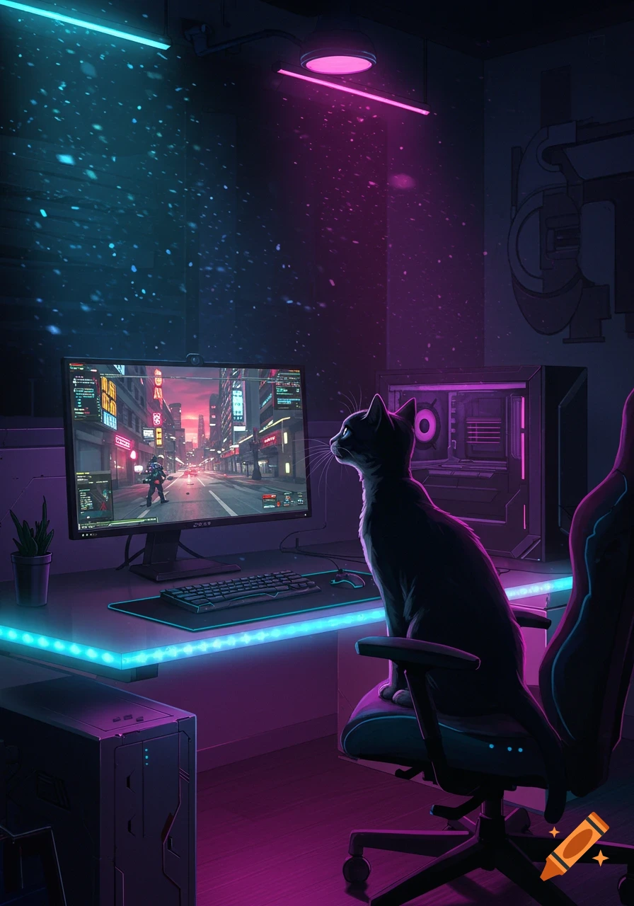 A black cat sits on a gaming chair, looking at a computer screen displaying a cyberpunk city street with a character. The room is lit with neon pink and blue lights.