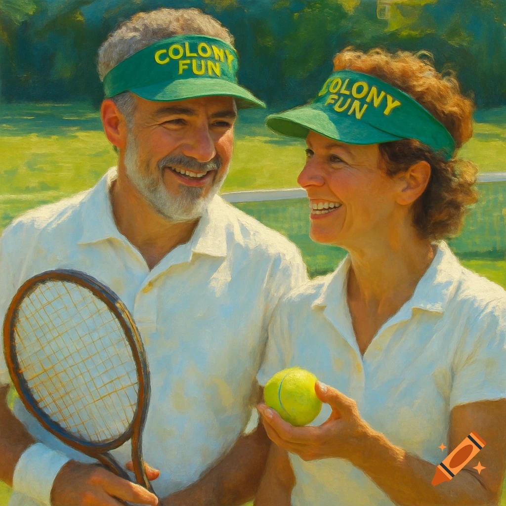 A smiling middle-aged man and woman on a tennis court, wearing green 'COLONY FUN' visors, holding a racket and ball, in a painted style.