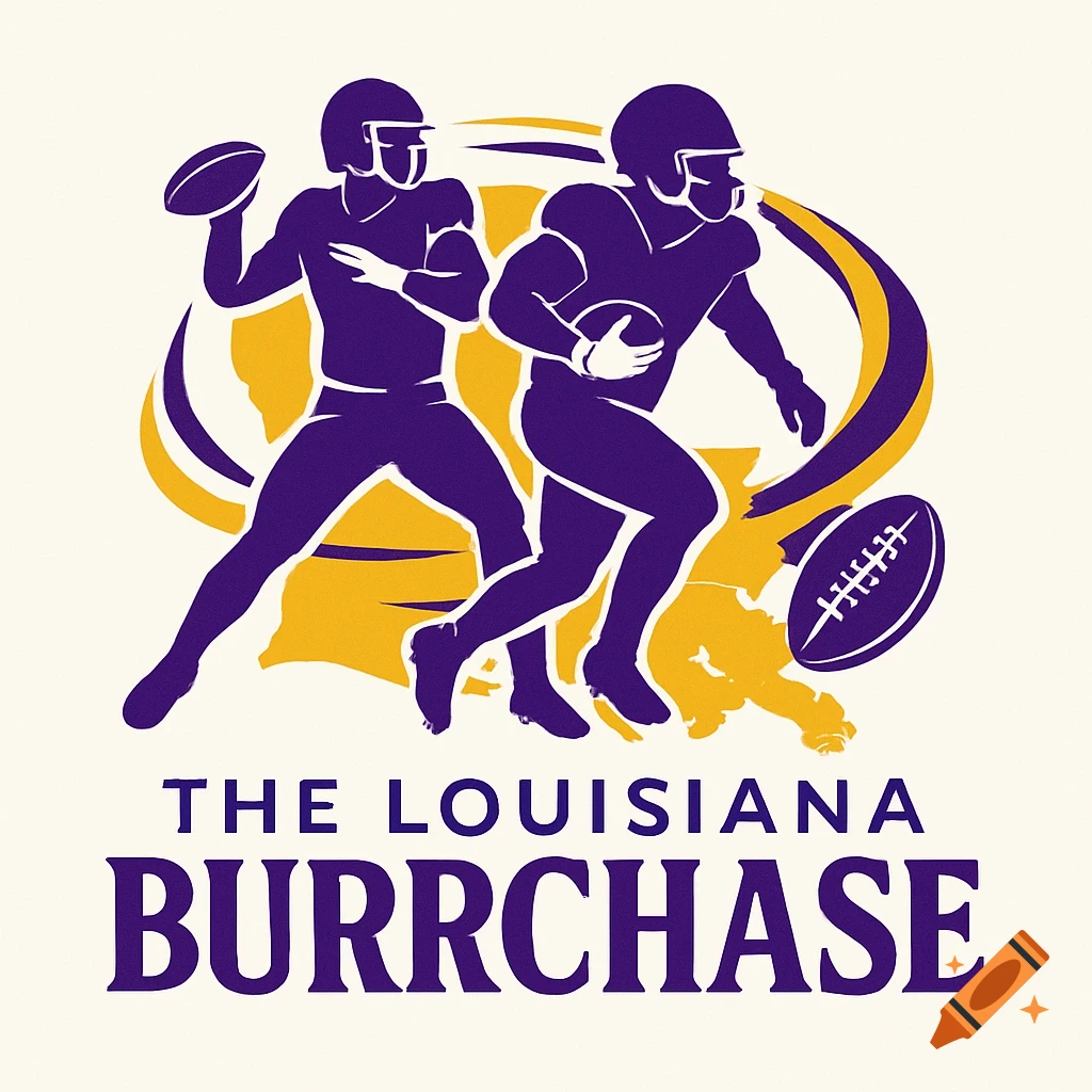 A stylized logo featuring two purple American football players in action, overlaid on a yellow shape resembling the state of Louisiana. The text below reads 'THE LOUISIANA BURRCHASE'.