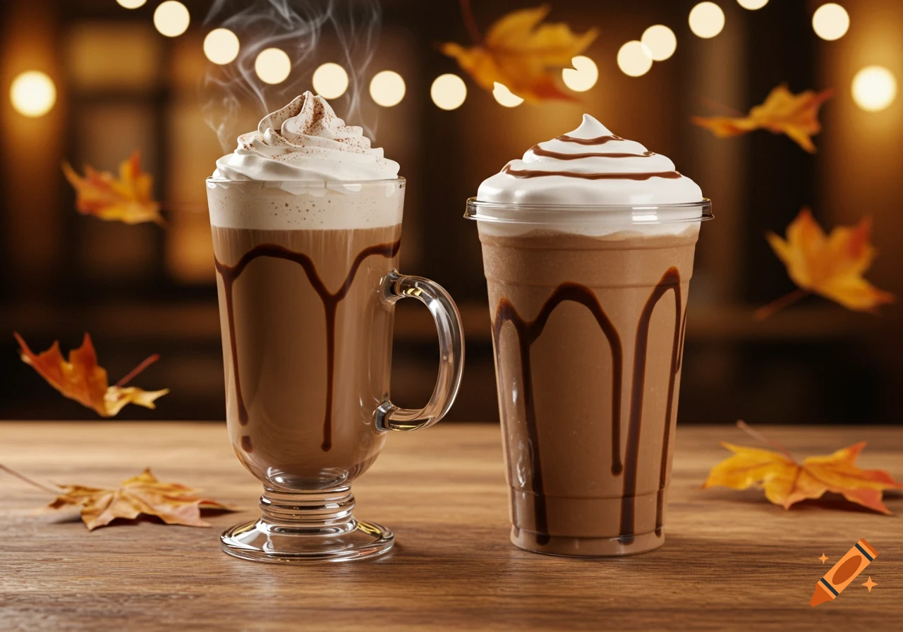 Two photorealistic mochas, one hot and one iced, on a wooden table with autumn leaves and bokeh lights in the background.