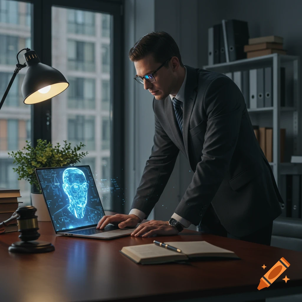 A lawyer in an office looks at a laptop displaying a glowing blue holographic AI head. A gavel and book are on the desk.