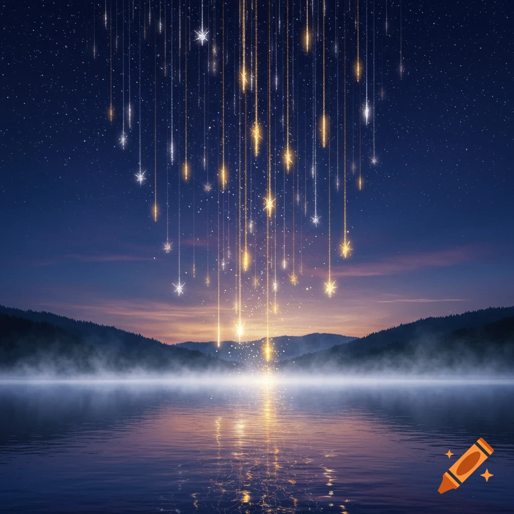 Golden and silver falling stars illuminate a misty lake and distant mountains under a dark blue night sky, with reflections on the water.