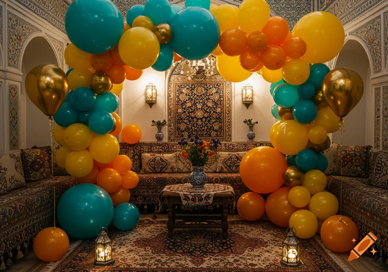 Vibrant teal, yellow, and orange balloons decorate a traditional Middle Eastern living room with ornate rugs and lanterns.