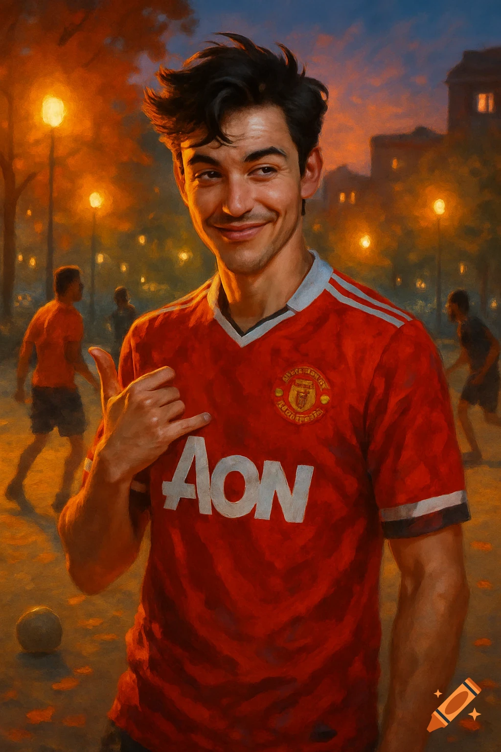 A smiling man in a red AON soccer jersey flashes a shaka sign in a painterly park scene at sunset.