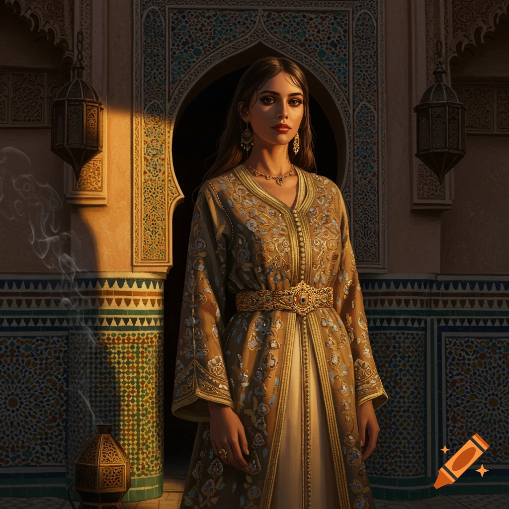 An elegant Moroccan woman in an embroidered traditional kaftan stands in an ornate archway with tiled walls and hanging lanterns.