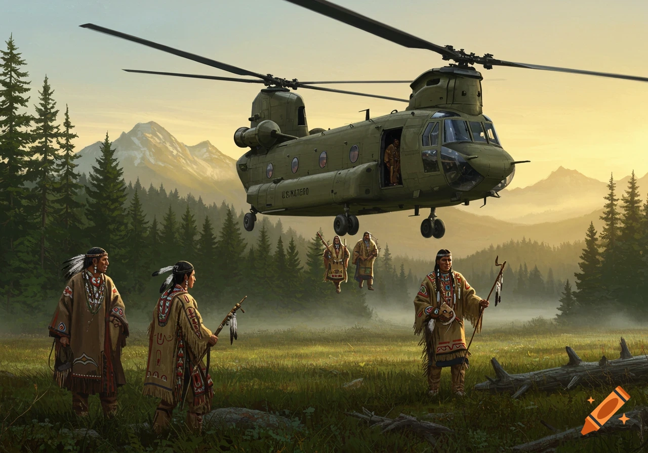 A Chinook helicopter hovers over a forest clearing with Native Americans on the ground and descending from it. Realistic art style.