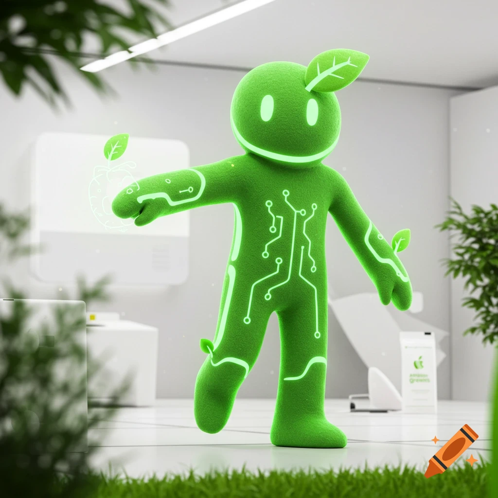 A cute, green, plush-like mascot with a leaf on its head and glowing circuit patterns on its body stands in a modern, plant-filled room.
