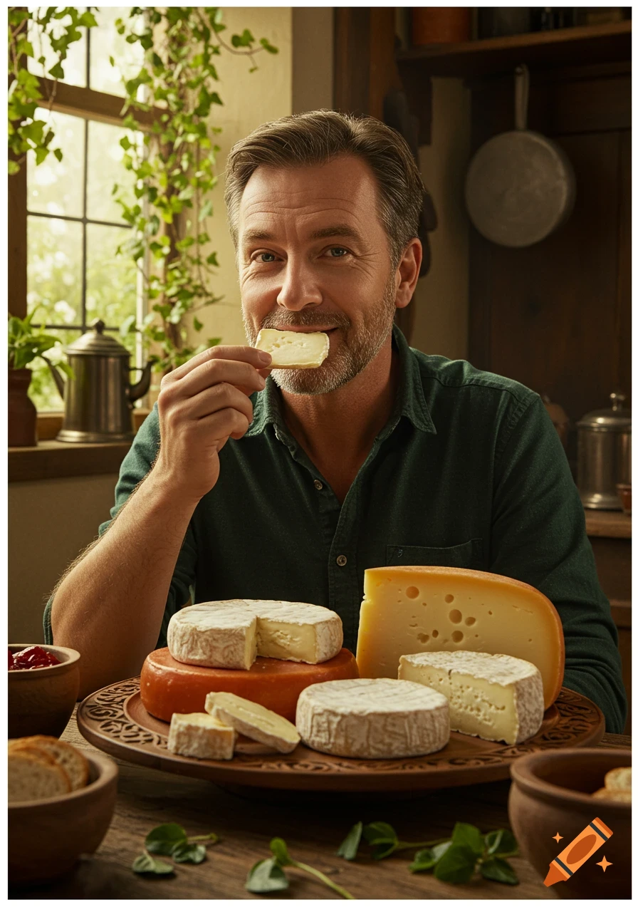 A smiling man in a rustic setting eats a slice of cheese, with a platter of various cheeses, bread, and jam on the wooden table.