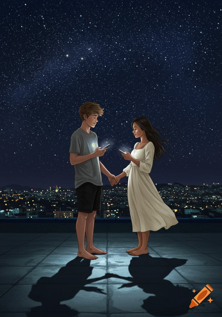 Dreamy illustration of a couple holding hands on a rooftop at night, gazing at phones under a starry sky and city lights.