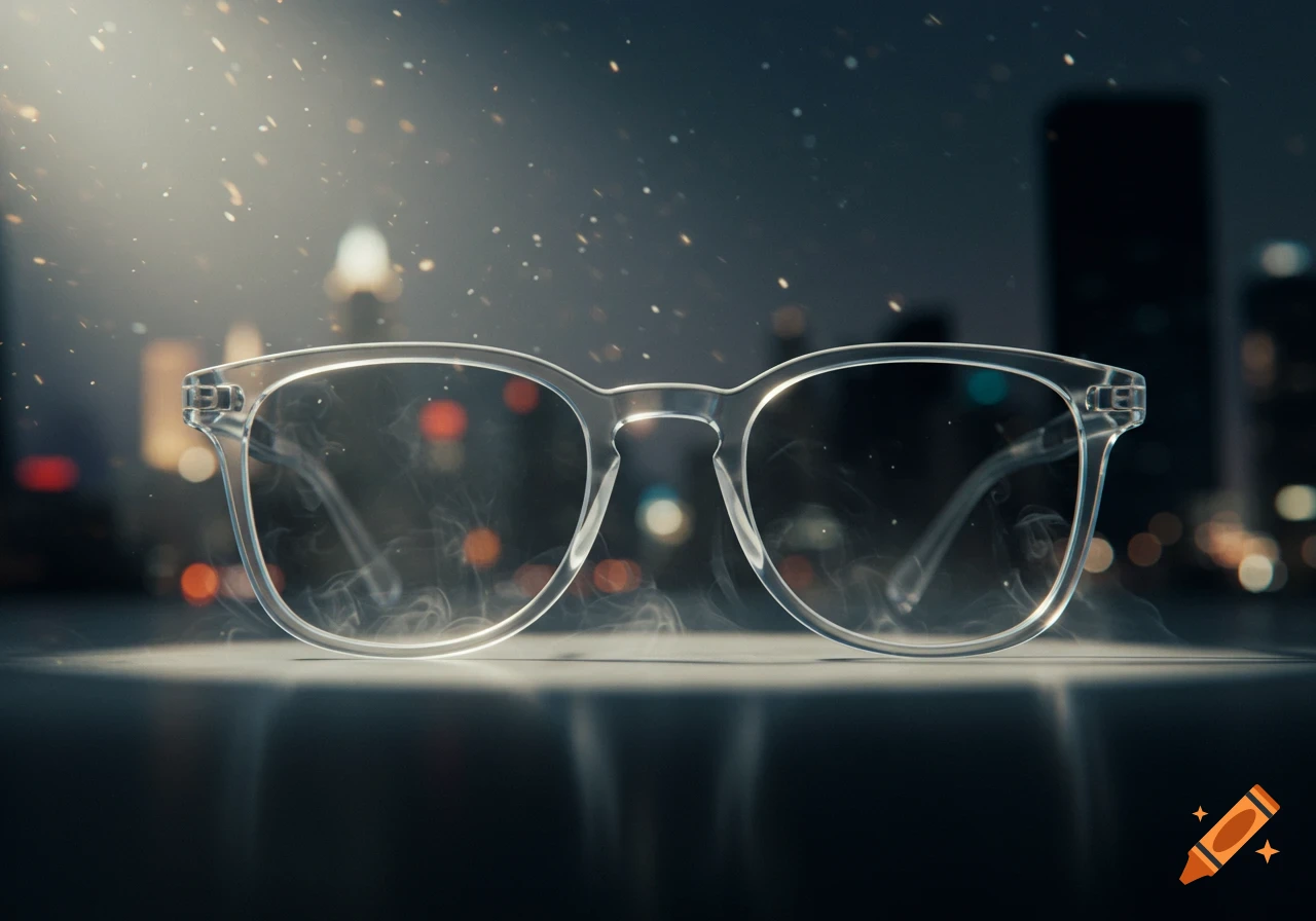 Clear-framed glasses on a reflective surface with a blurred city skyline at night, atmospheric light rays and dust motes.