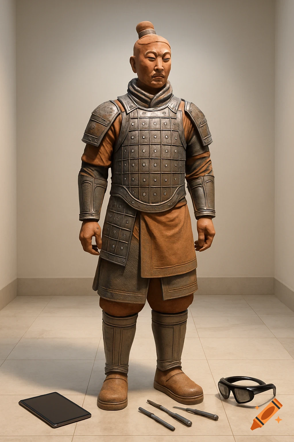 A full-body view of a modern terracotta warrior statue in full armor, standing in a minimalist room with a tablet, tools, and sunglasses on the floor.