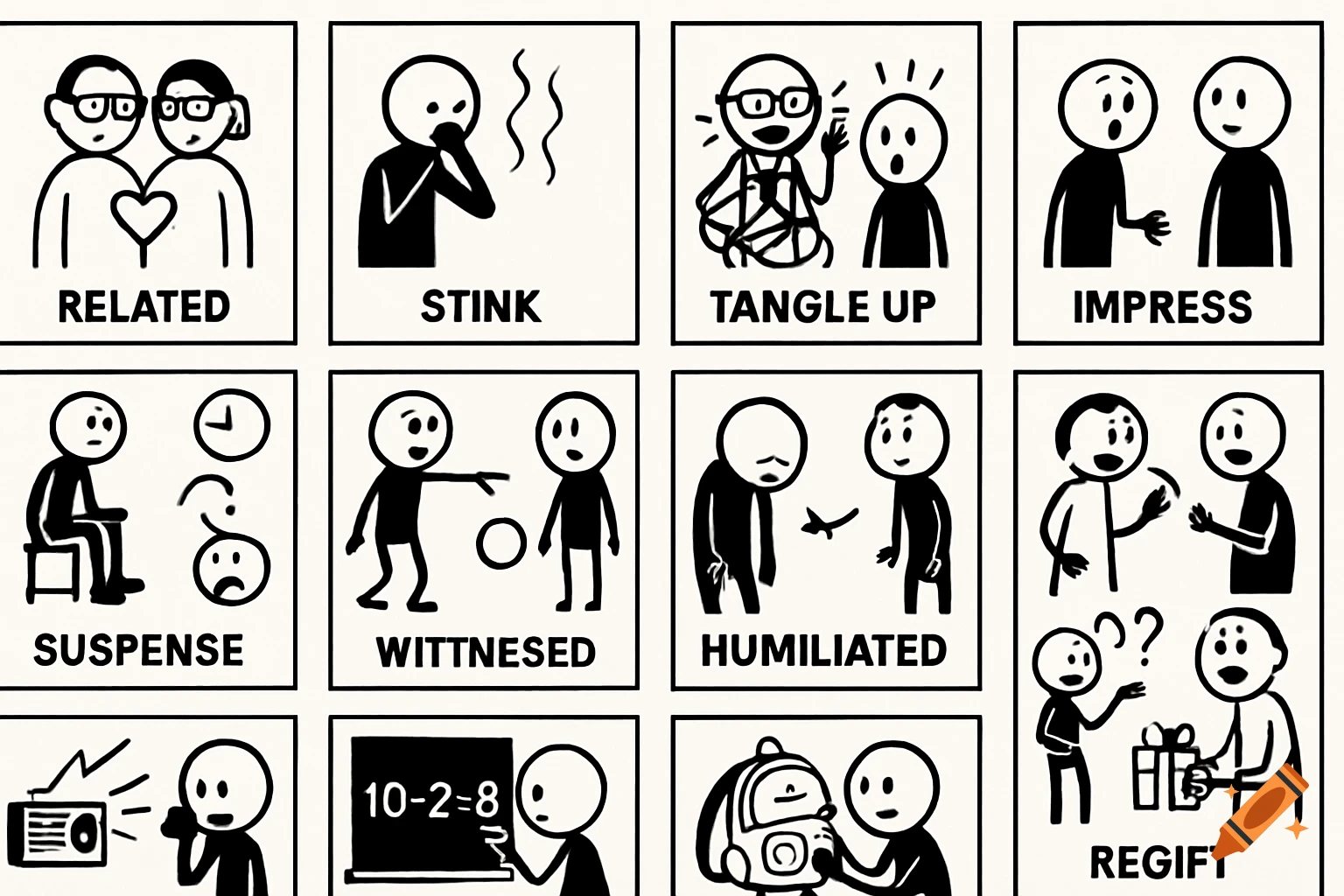 A grid of twelve black and white stick figure illustrations, each depicting a concept with a word label below it, like 'RELATED', 'STINK', 'TANGLE UP', and 'HUMILIATED'.