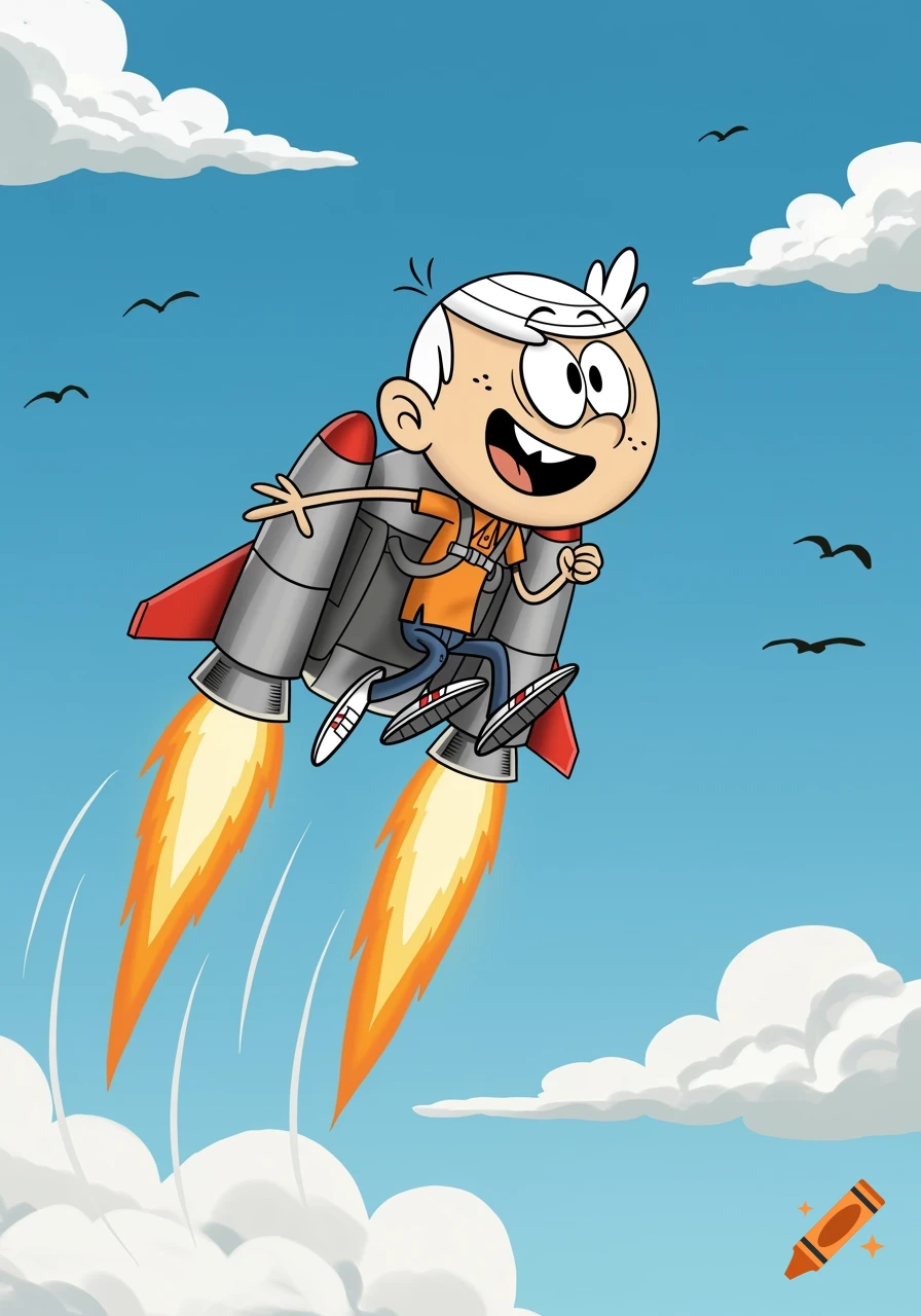 Cartoon Lincoln Loud flying upwards with a jetpack in a blue sky, surrounded by clouds and small birds.