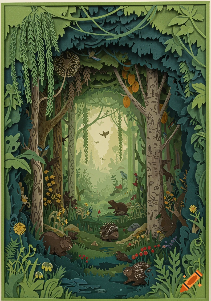 3D layered paper-cut illustration of a vibrant green forest with bears, porcupines, beavers, and birds among stylized trees and plants.