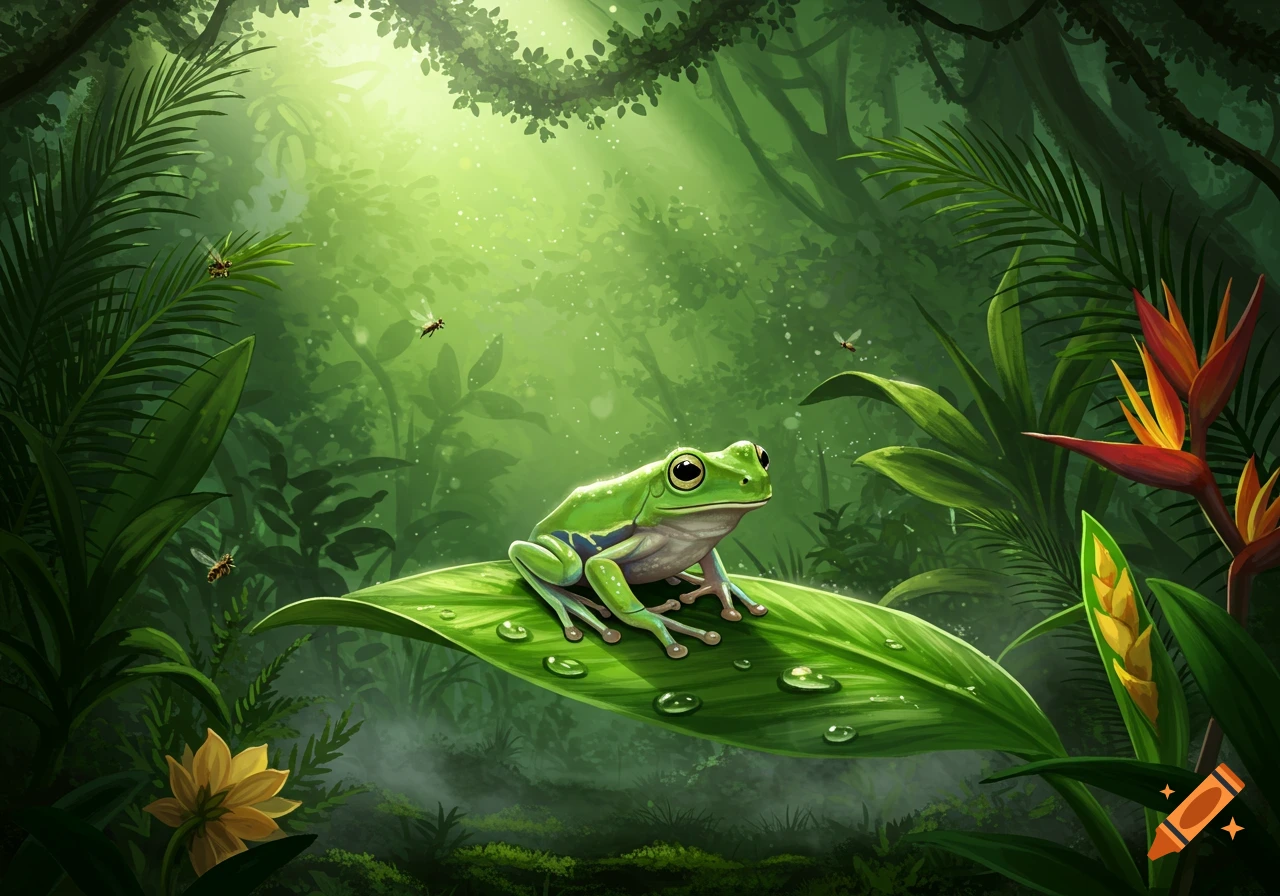 A vibrant green frog sits on a large leaf with dew drops in a lush, sunlit jungle with tropical flowers and flying insects. Stylized.