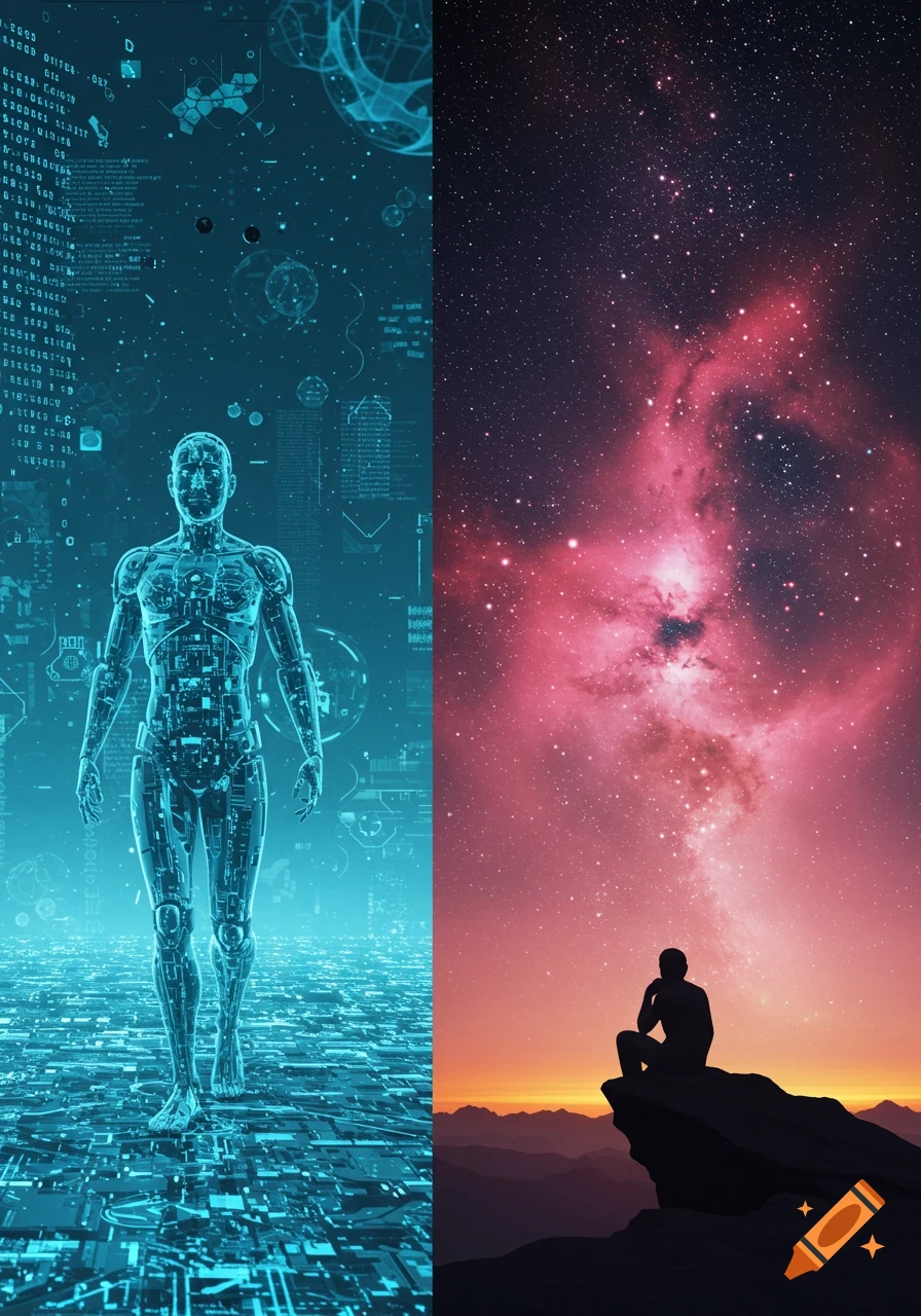 A split image: left shows a glowing humanoid AI figure on a circuit board background with data; right shows a person in silhouette on a cliff overlooking a nebula.