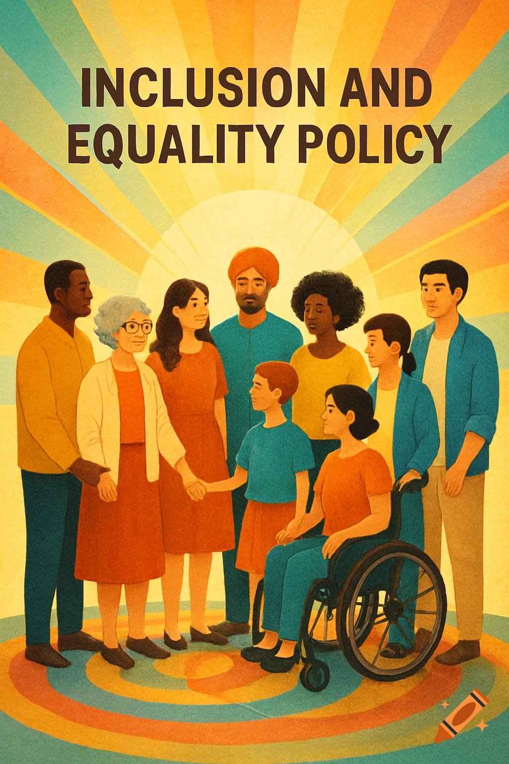 Stylized illustration of diverse people, including a child and a person in a wheelchair, under 'INCLUSION AND EQUALITY POLICY' text and a sunburst.