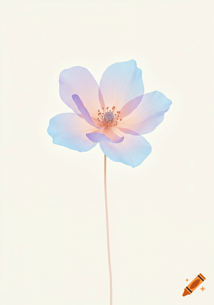 A single, translucent flower with pastel blue, purple, and orange petals on  a light, plain background, in a minimalistic style. on Craiyon, image size:896x1280