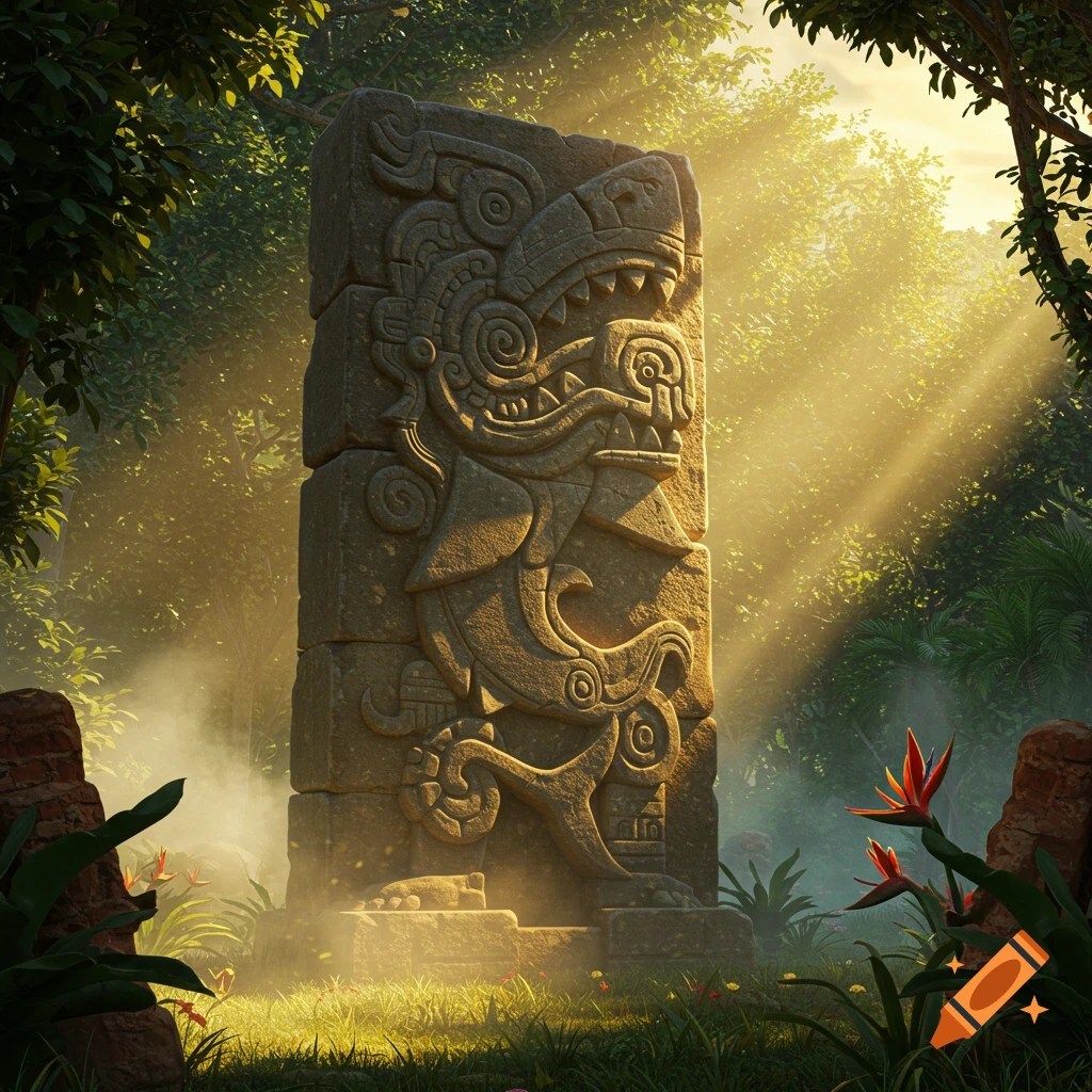 A large, intricately carved Aztec-style stone totem stands in a sunlit, misty jungle clearing, surrounded by lush plants.