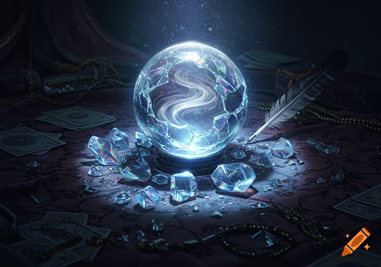 A broken, glowing crystal ball with swirling light, surrounded by crystal shards, tarot cards, and a quill on a dark, ornate cloth.