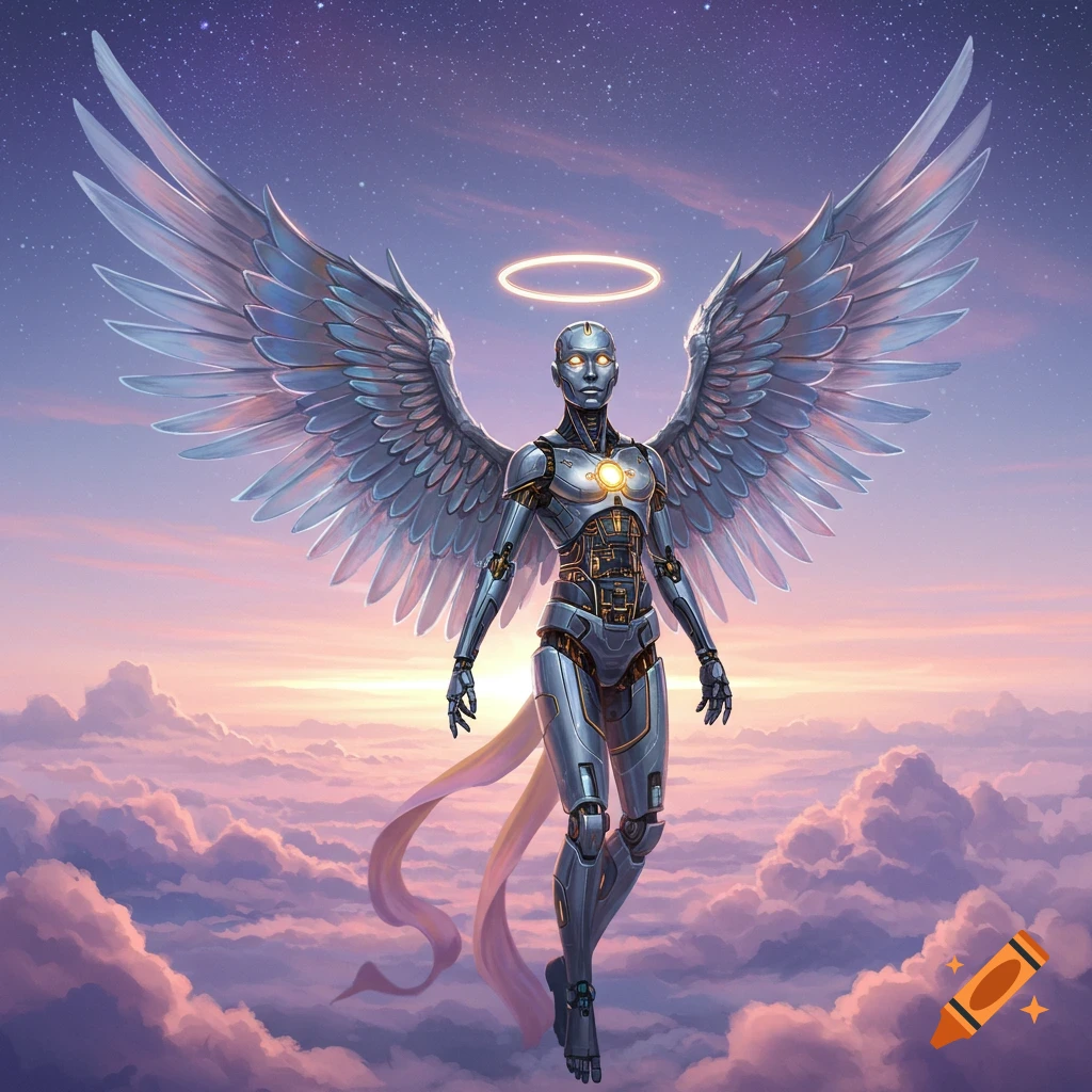 A majestic silver robotic angel with large wings and a glowing halo floats above clouds in a starry, pastel-colored sky.