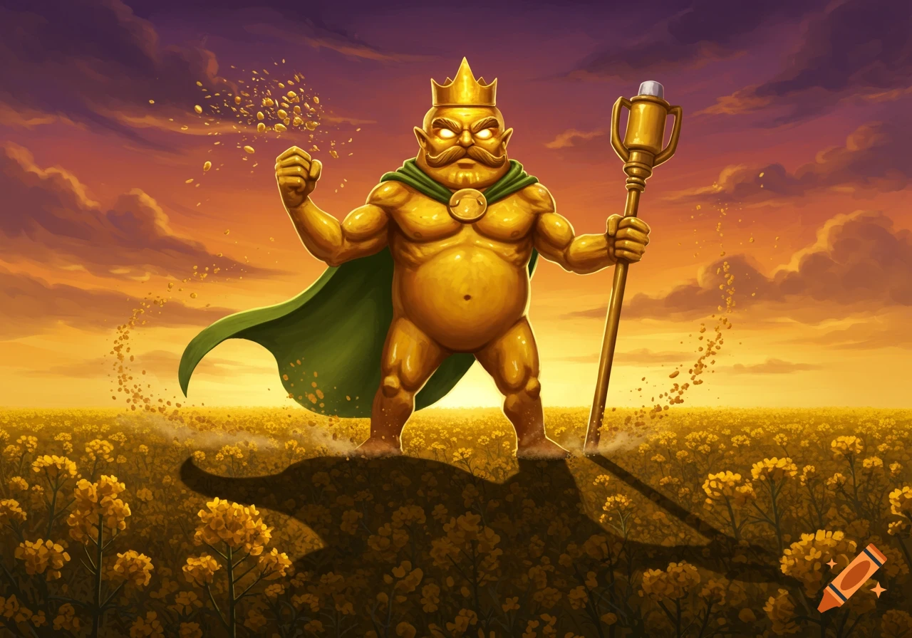 A golden, crowned, dwarf-like character with a green cape stands in a field of yellow flowers at sunset, throwing golden dust, holding a staff.