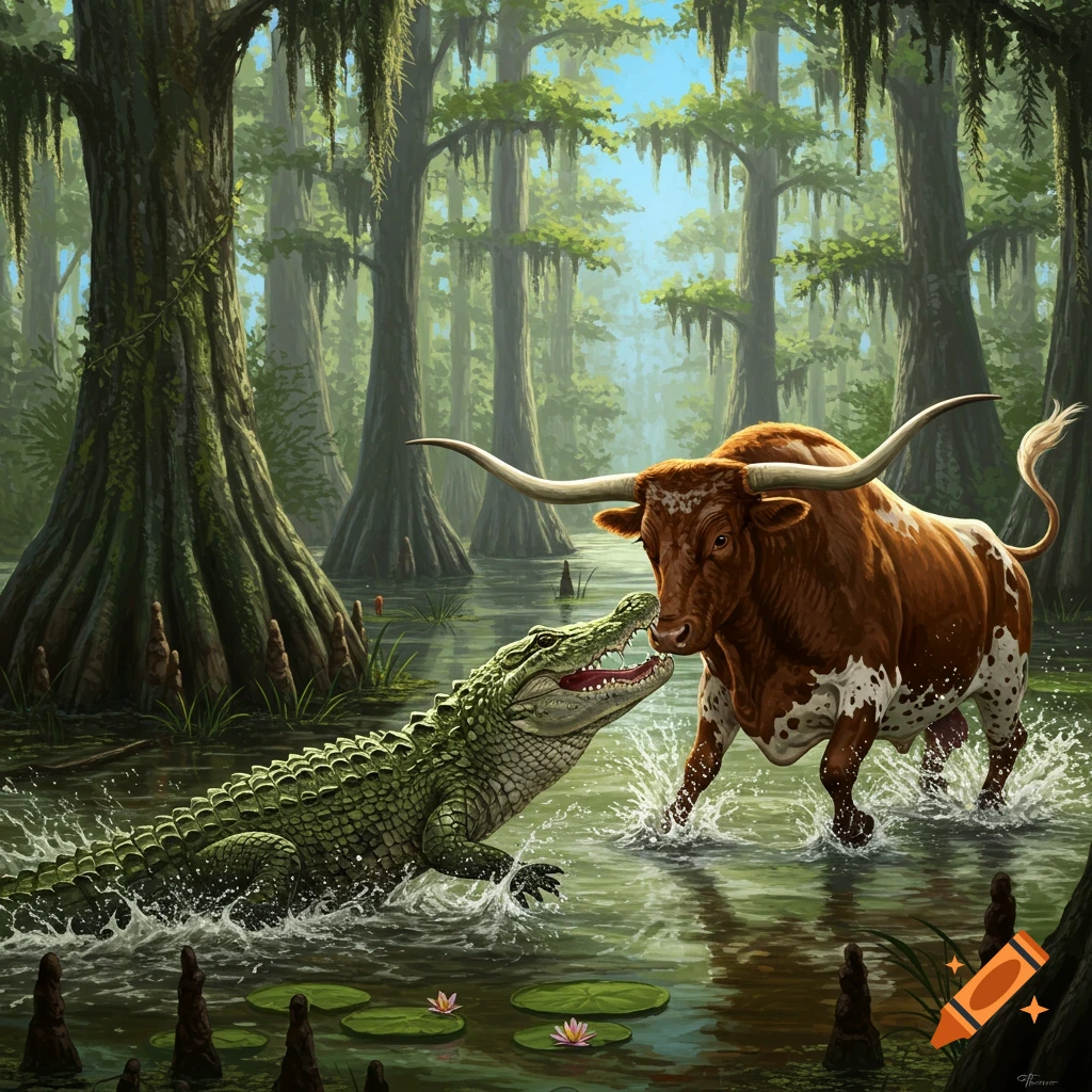 A gator and a Texas longhorn bull clash in a realistic, detailed illustration of a misty swamp with cypress trees.