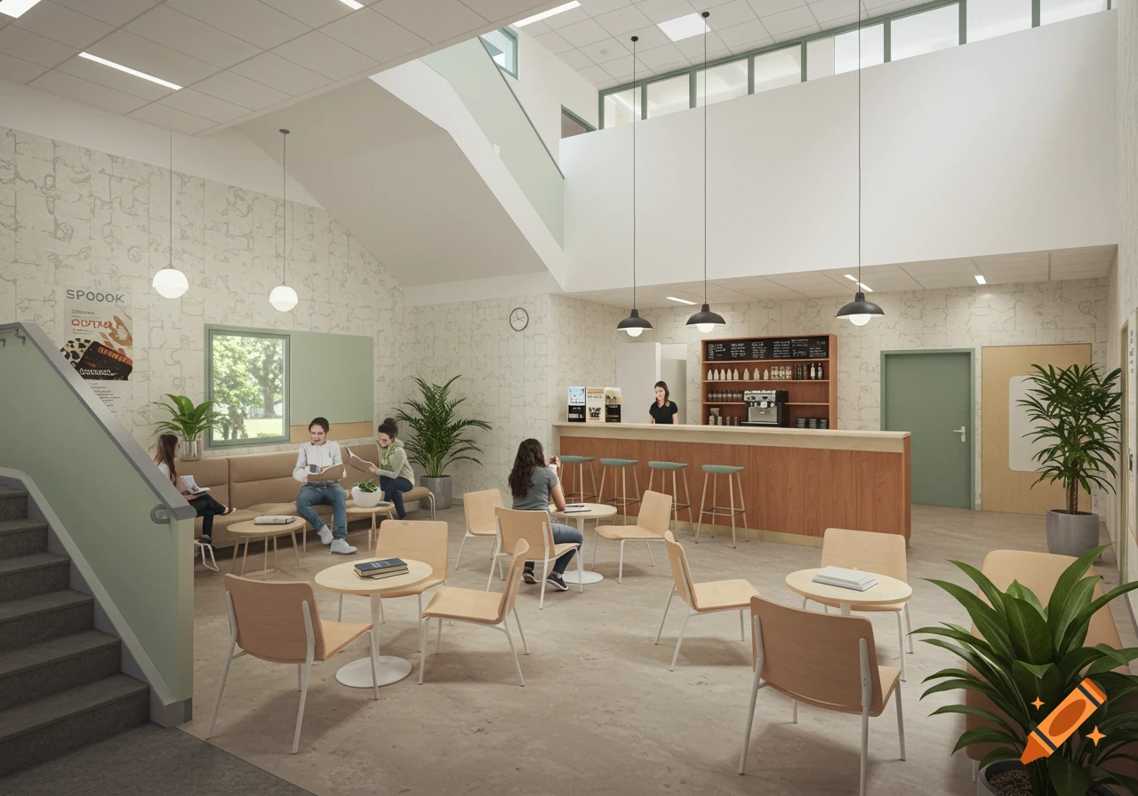 A photorealistic design render of a school staircase corner converted into a bright, modern coffee bar with students sitting and studying.