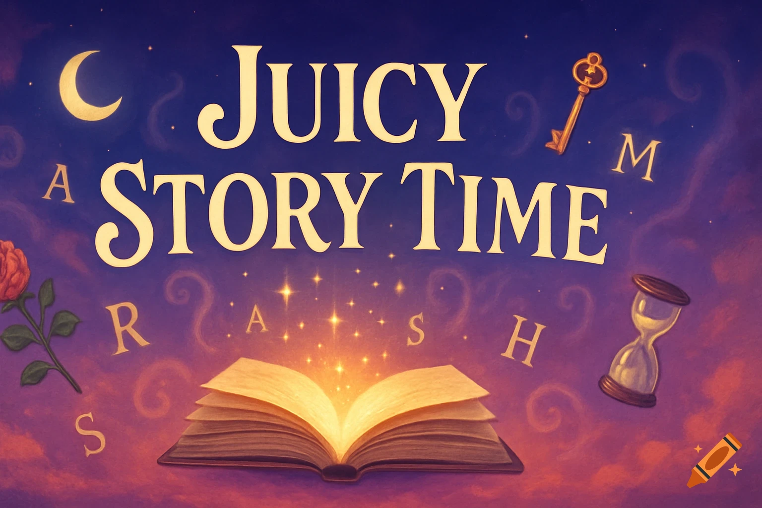 A fantasy-inspired banner with 'Juicy Story Time' text, a glowing open book, crescent moon, antique key, rose, and hourglass against a purple and orange sunset sky.