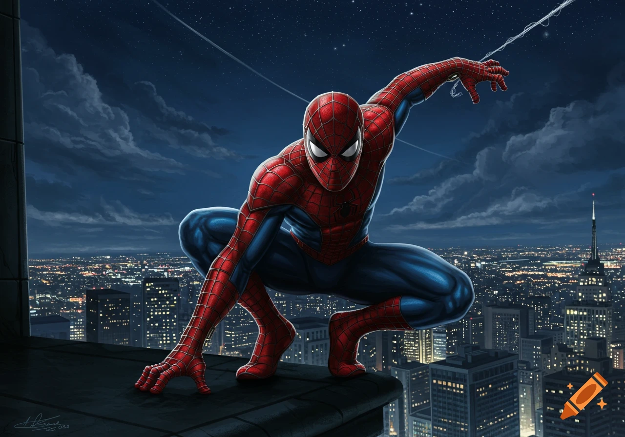 Spider-Man in his classic red and blue suit crouches on a skyscraper ledge at night, overlooking a sprawling city lit by countless lights.