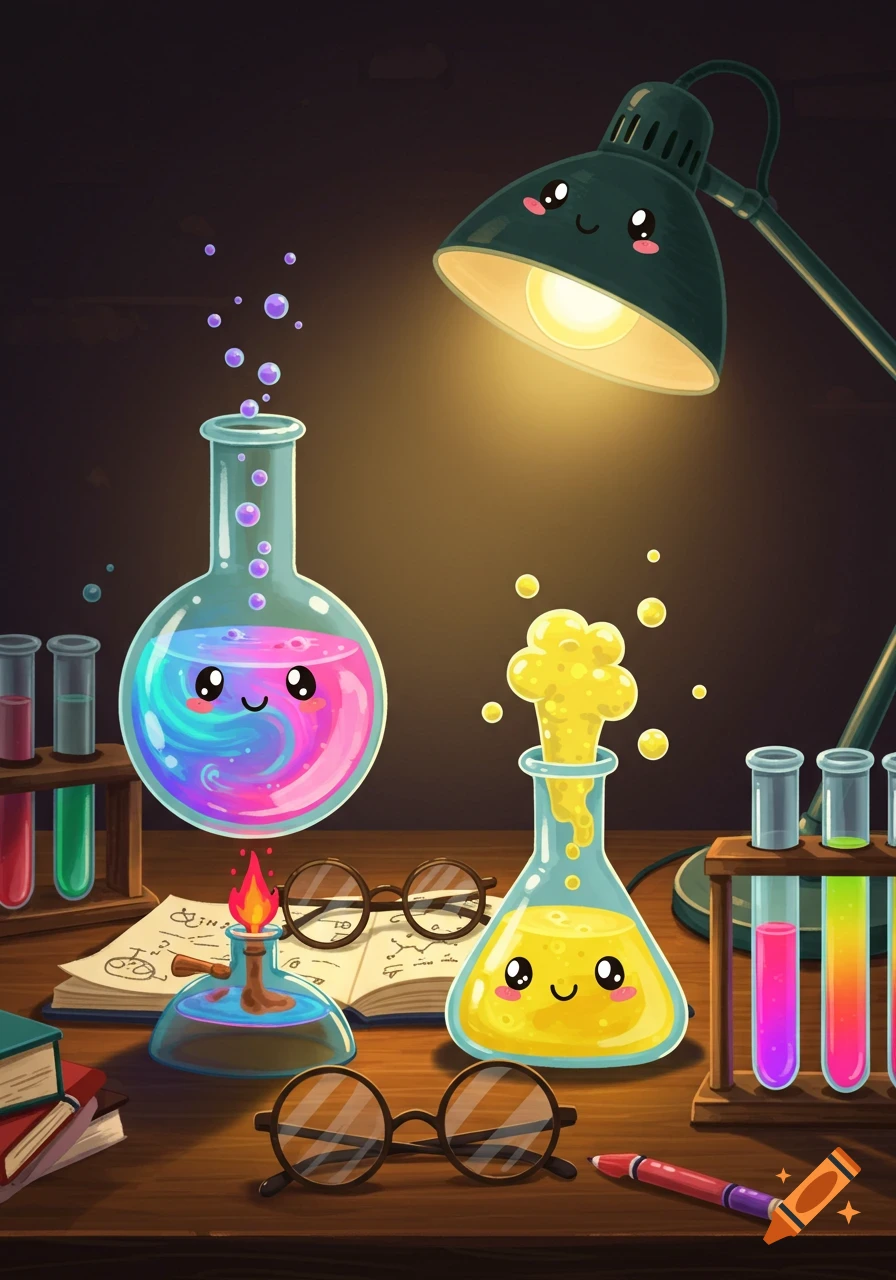 Cute cartoon science equipment on a desk: smiling beakers, test tubes, Bunsen burner, and lamp under warm light.