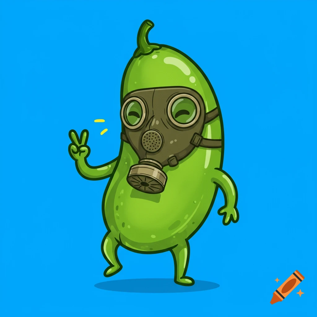 A funny cartoon green bean wearing a gas mask and making a peace sign against a blue background.