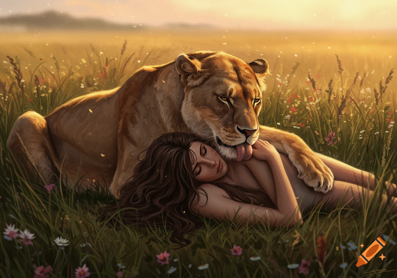 Digital painting of a lioness licking a woman's face as they lie embraced in a grassy field at sunset.