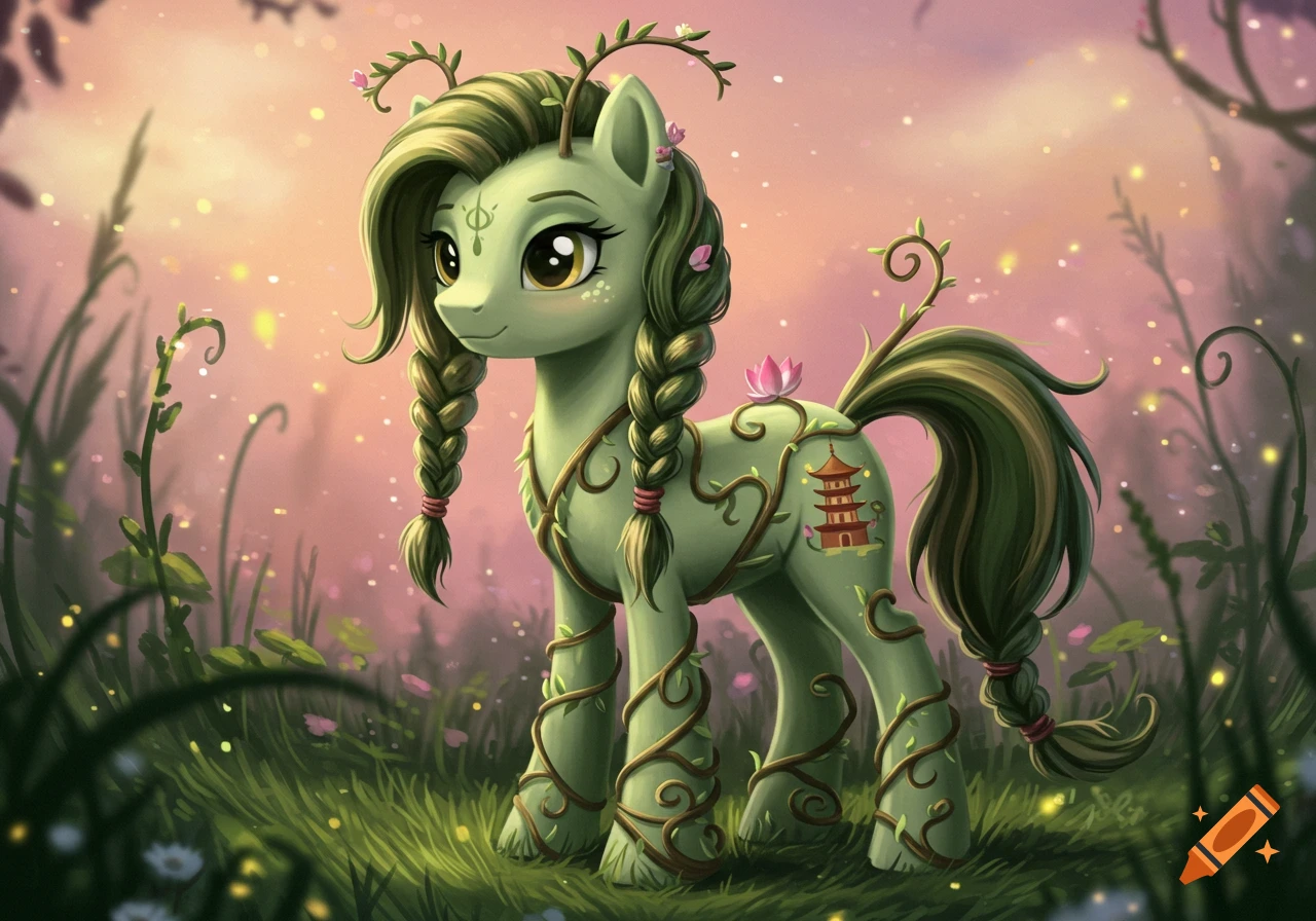 A green My Little Pony character with braided pigtails, vines, lotus flowers, and a pagoda cutie mark stands in a glowing fantasy forest.