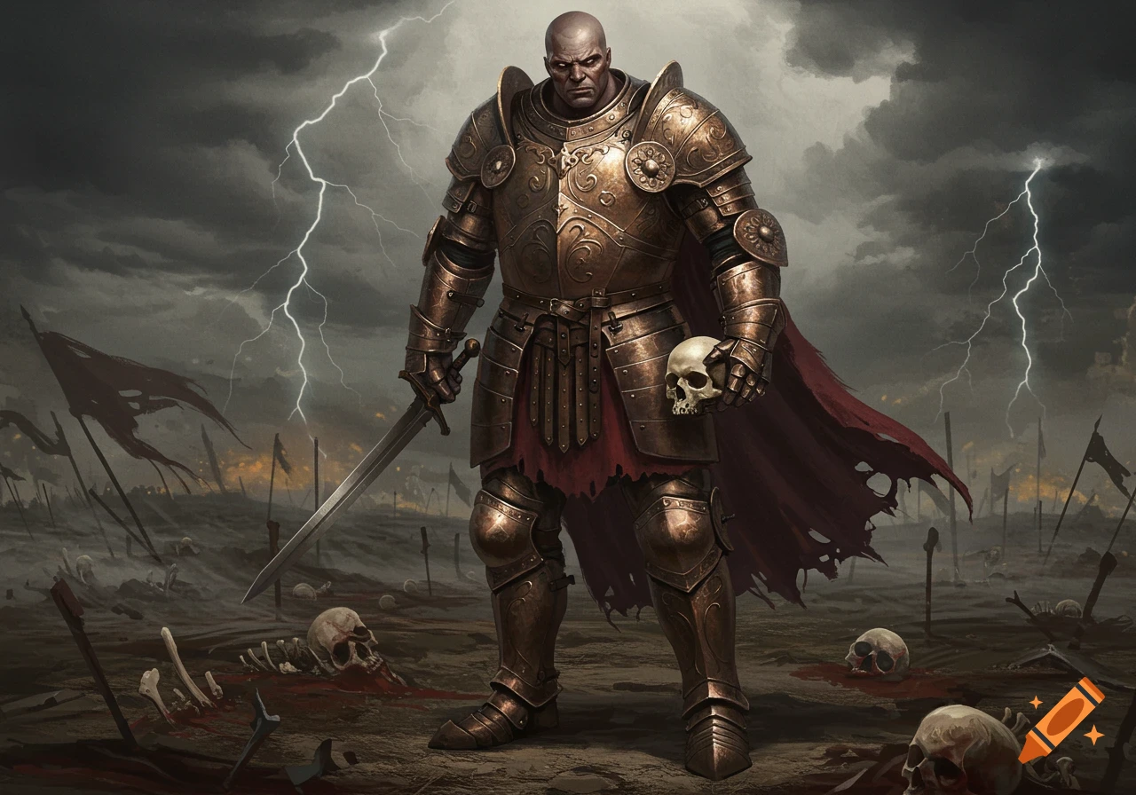Heavily armored warrior holding a skull on a stormy battlefield littered with bones and tattered banners, lightning striking in the background.
