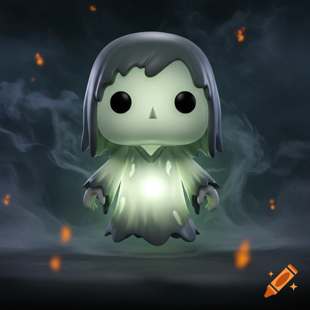 A glowing, stylized ghost figurine, resembling a Pop Mart toy, surrounded by wisps of smoke and orange sparks.