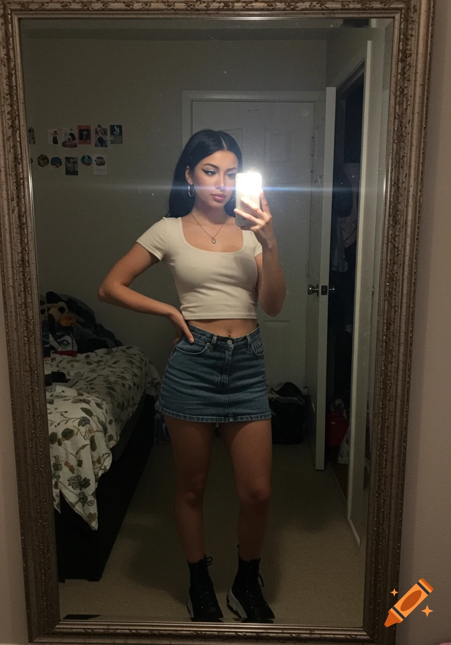 Young woman in a cream crop top and denim mini skirt taking a full-body mirror selfie with flash in a bedroom.