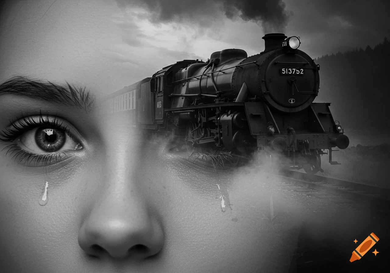 Black and white composite image of a crying eye of a girl overlaid with a vintage steam train emitting smoke.