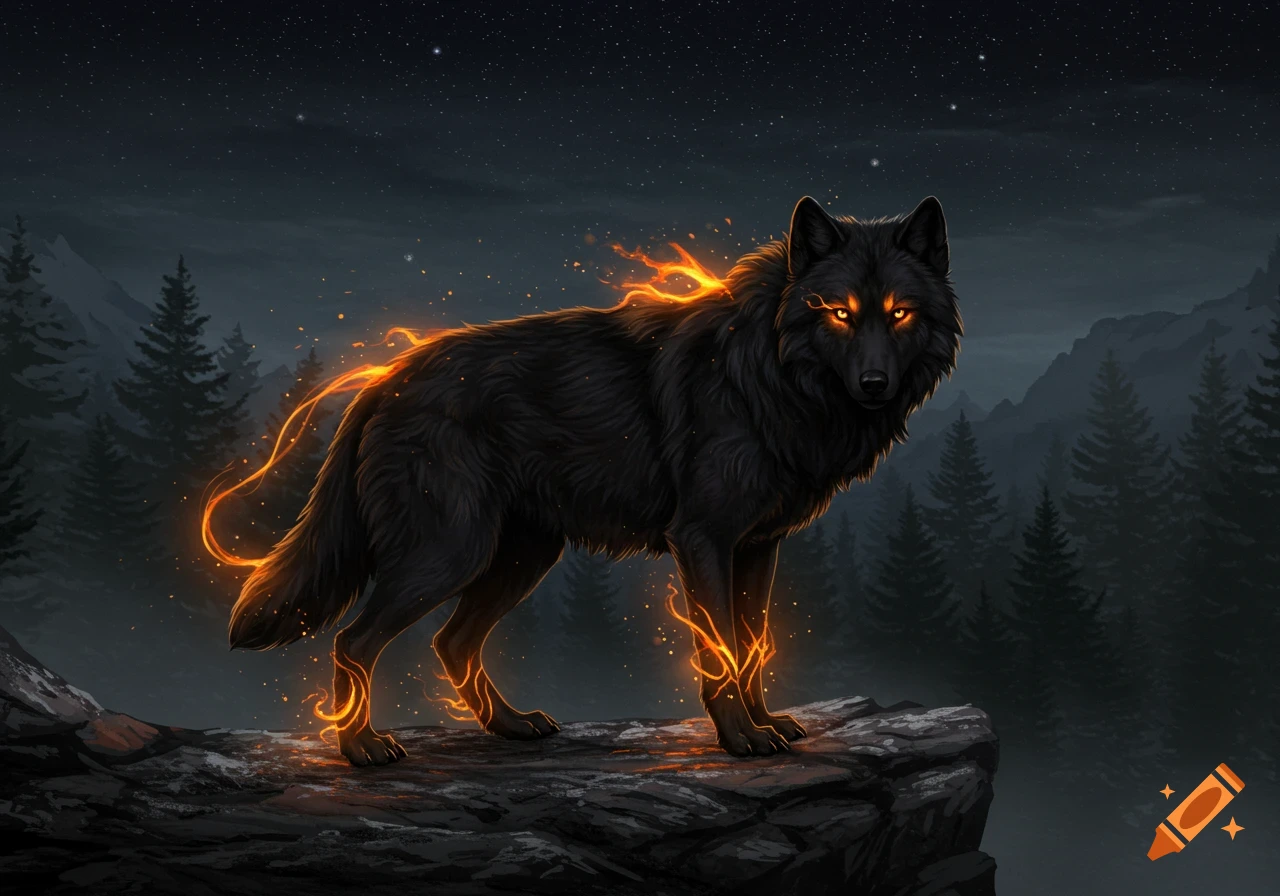 A majestic black wolf with glowing amber eyes and fiery magical effects stands on a rocky cliff under a starry night sky.