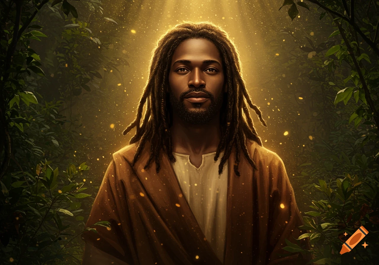 A portrait of a Black man with long dreadlocks, depicted as Jesus, bathed in golden light amidst a lush green forest.