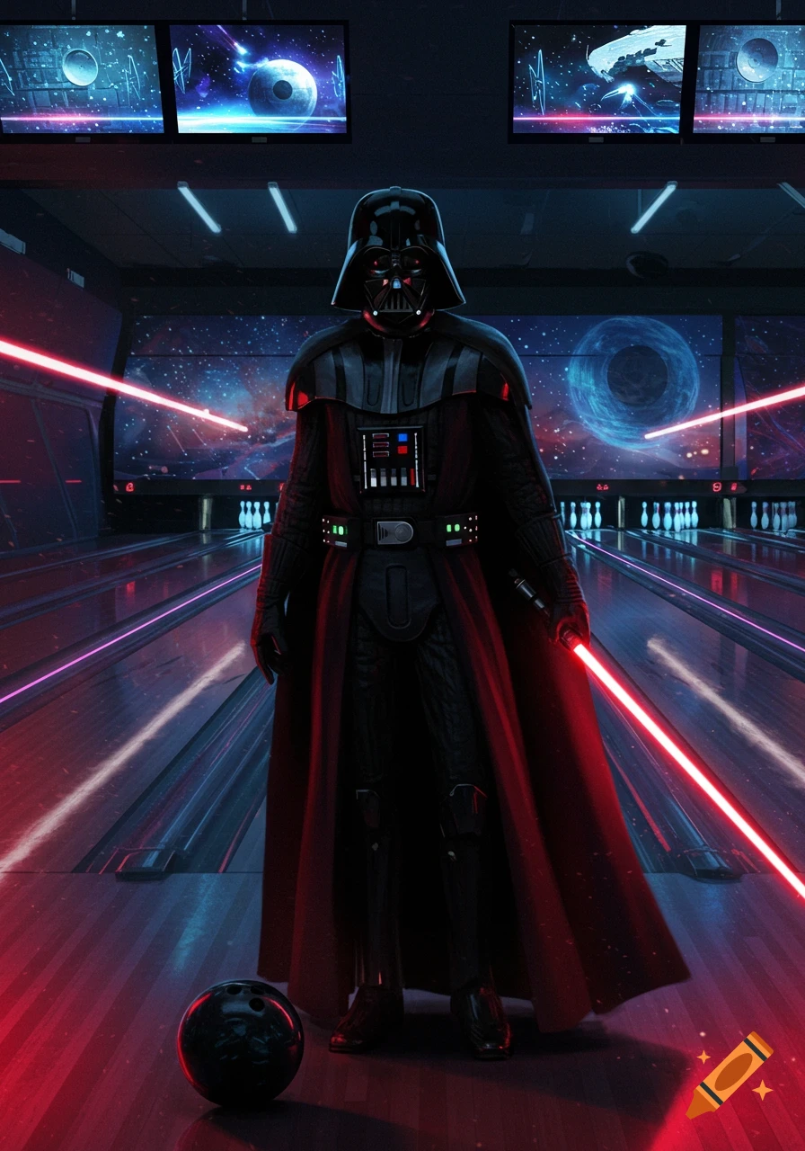Darth Vader stands in a neon-lit, space-themed bowling alley, holding a red lightsaber with a bowling ball at his feet.
